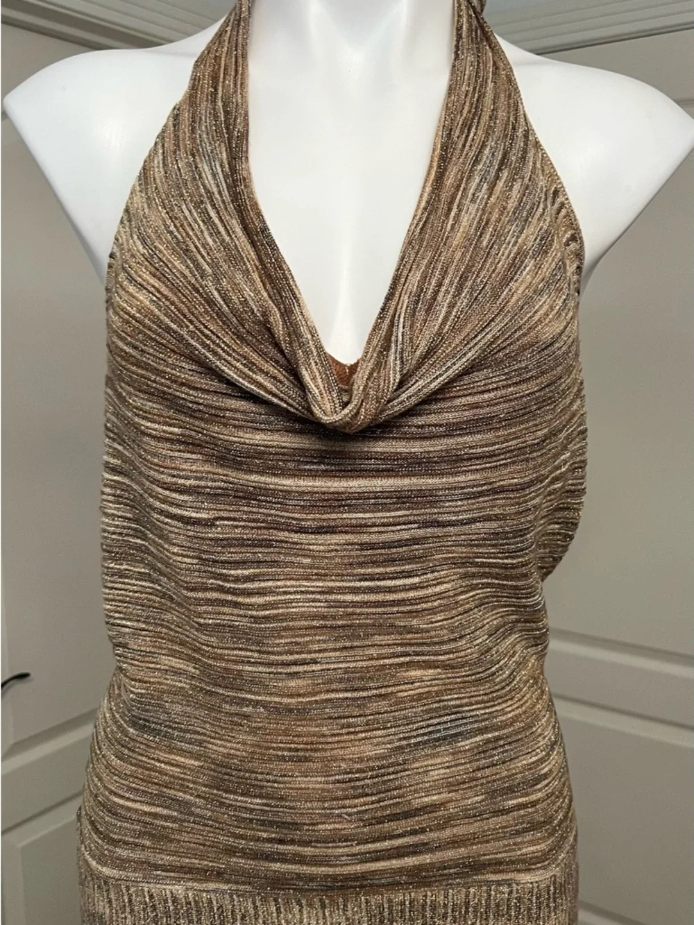 Cache Metallic Cowl V-Neck Halter Top in Brown and Gold - Picture 1 of 5